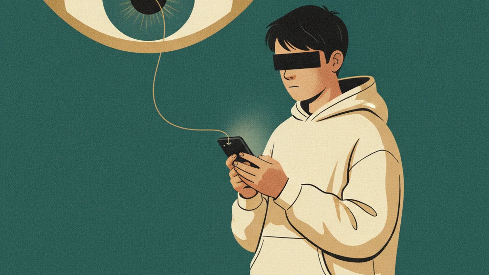 Ilustração: um adolescente de olhos cobertos por tarja preta olha o celular, um olho enorme observa do alto do quadro, e um fio dourado sobe da tela do celular até esse olho