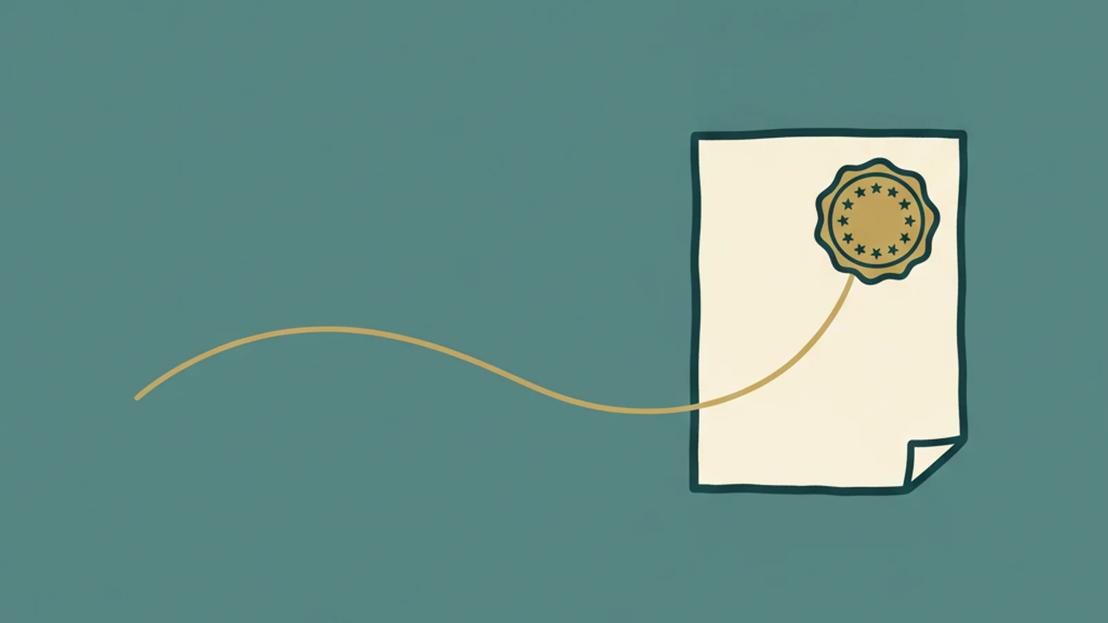 Ilustração: um documento creme com um selo dourado de doze estrelas no canto, e um fio dourado que se desenrola do selo e sai pela borda do quadro