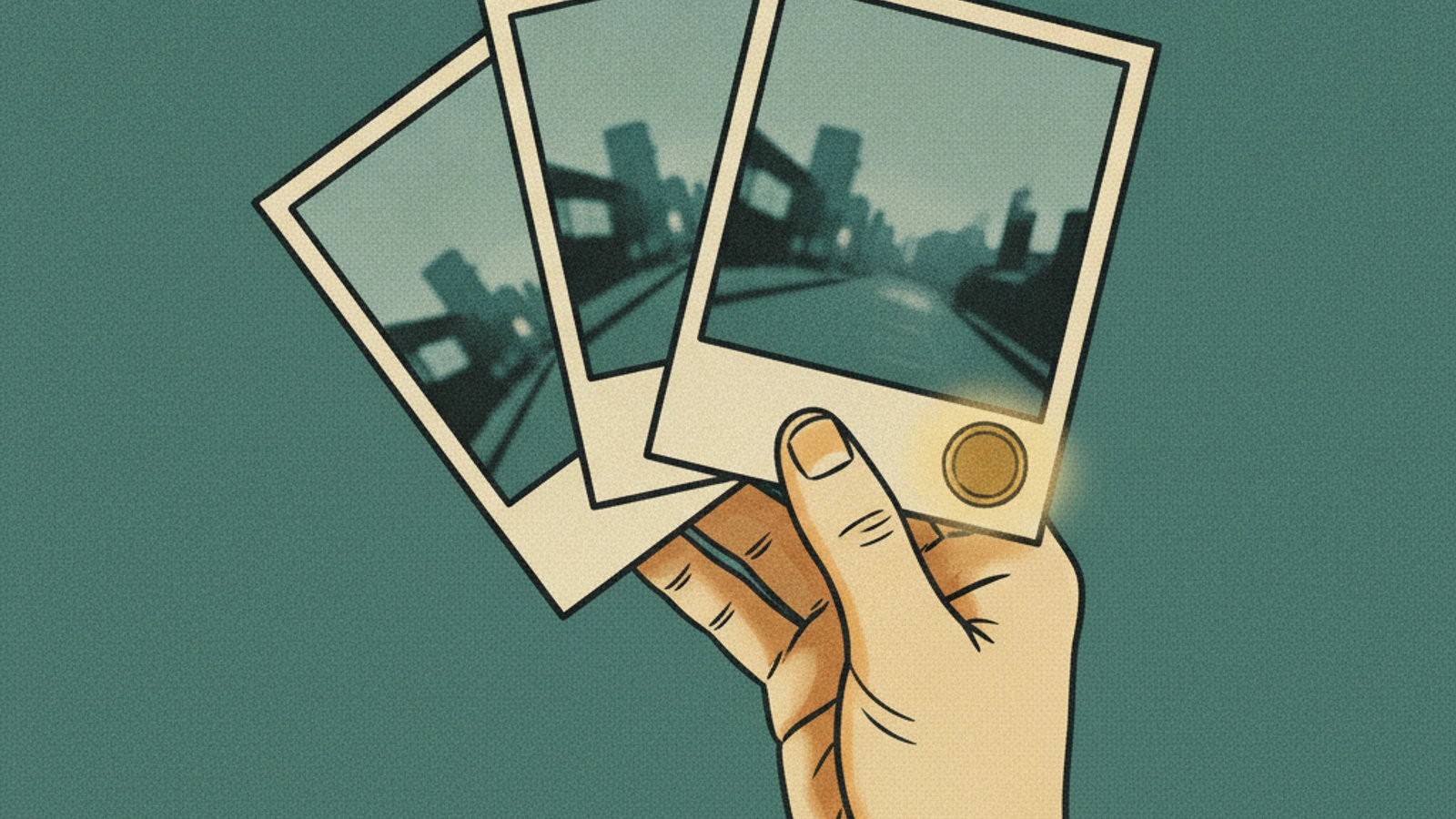 Ilustração: uma mão segura três fotografias idênticas, cada uma com um pequeno selo redondo estampado no canto, e o selo da fotografia da frente tem um brilho dourado.